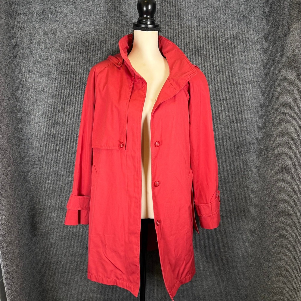 Vintage 80s London Fog Trench Coat Womens 8 Red Belted Hooded Zip Out Liner Chic